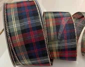 2.5” Blue, Green, Red, Black, & Gold Plaid Wired Ribbon #425 - Sold By The Yard