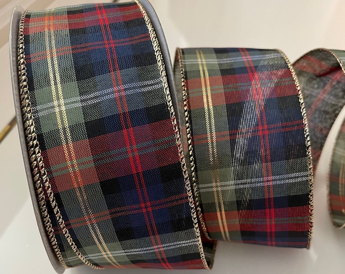 2.5” Blue, Green, Red, Black, & Gold Plaid Wired Ribbon #425 - Sold By The Yard
