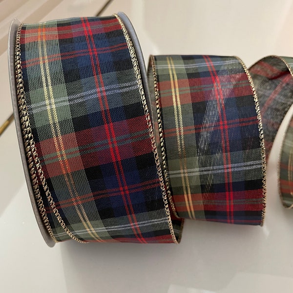 2.5” Blue, Green, Red, Black, & Gold Plaid Wired Ribbon #425