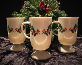 Vintage Christmas Holly Fine Porcelain Pedestal Cups Set of 3