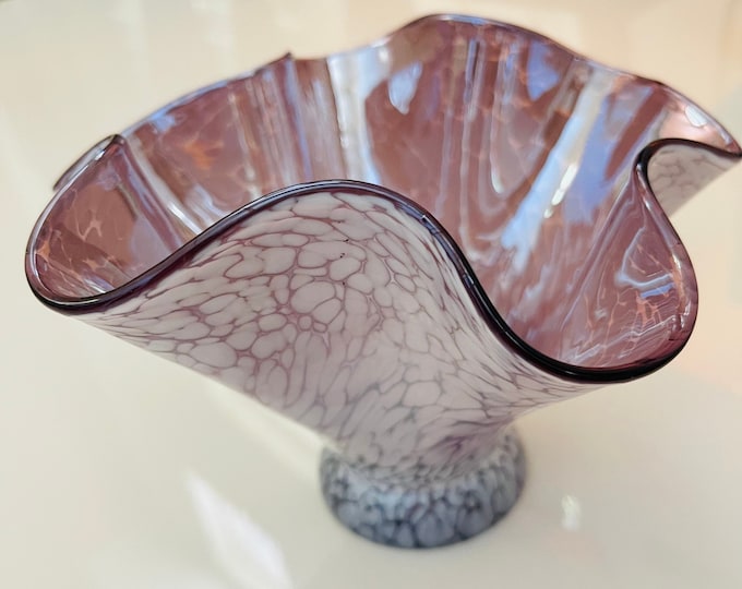 Vintage Purple & White Ruffled Edge Glass Candy Dish