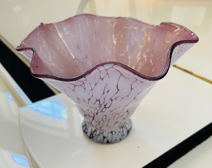 Vintage Purple & White Ruffled Edge Glass Candy Dish