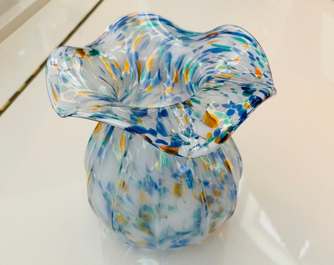 Vintage Multi Color Ruffled Edge Glass Vase