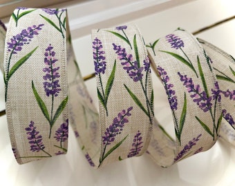 1.5” Purple Lupine Flowers on Beige Wired Ribbon - Sold By The Yard