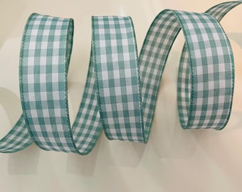 1.5” Sage Green & White Gingham Wired Ribbon #621 - Sold By The Yard