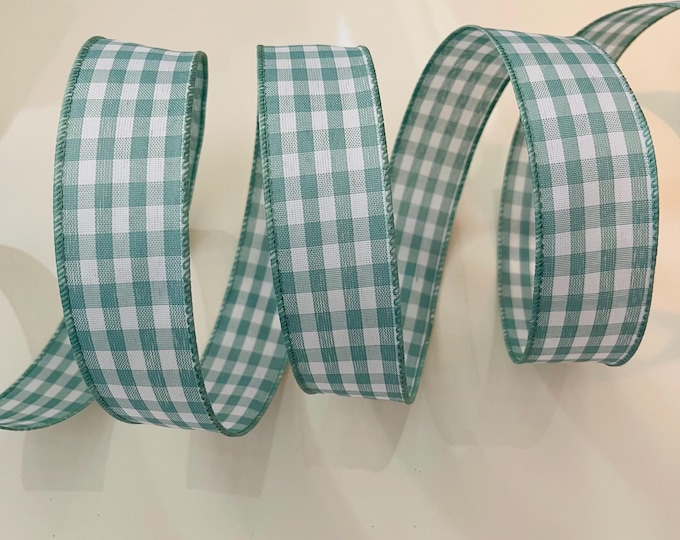 1.5” Sage Green & White Gingham Wired Ribbon #621 - Sold By The Yard