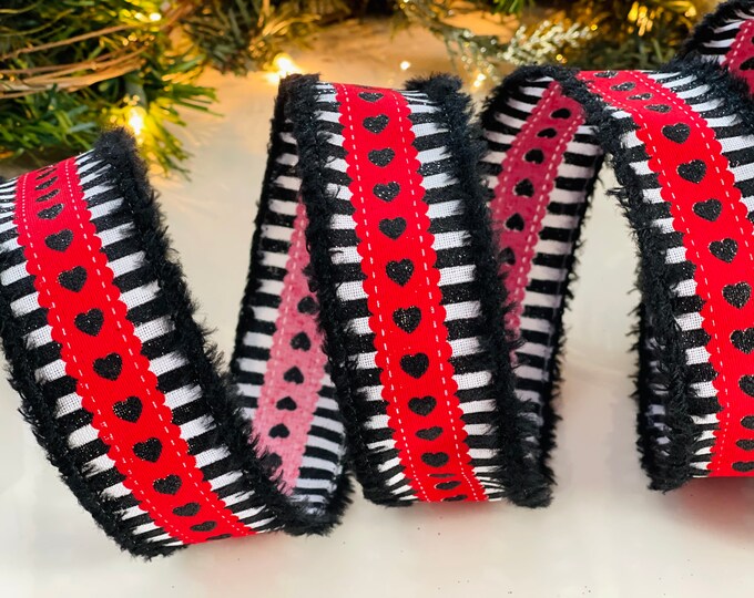 1.5” Striped Fuzzy Edge Heart Wired Ribbon - Perfect for Gift Wrapping, Wreaths, Decor & Much More! - Sold By The Yard