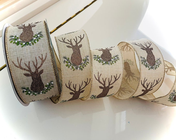 2.5” Burlap Wired Ribbon With Sparkle Moose - Perfect for Gift Wrapping, Wreaths, Decor & Much More! #774 - Sold By The Yard