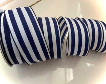 2.5” Navy Blue & White Striped Wired Ribbon #763 - Sold By The Yard