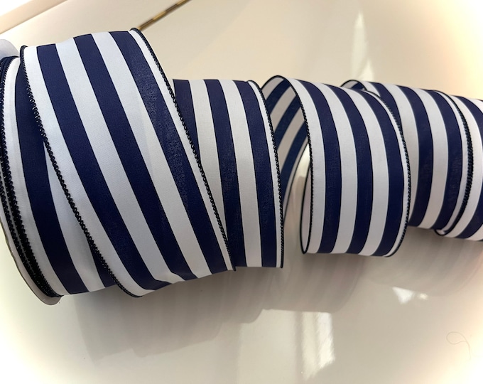 2.5” Navy Blue & White Striped Wired Ribbon #763 - Sold By The Yard