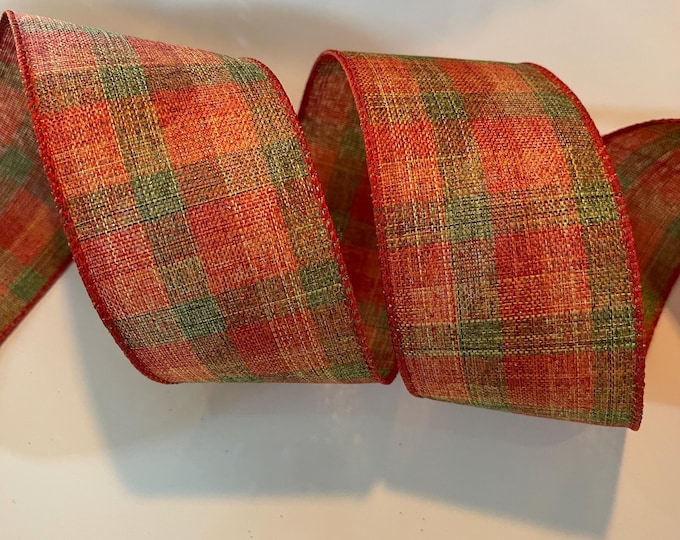 2.5” Orange & Green Lightly Glitter Misted Plaid Wired Ribbon