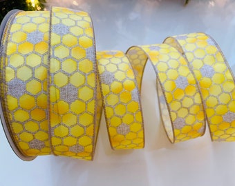 1.5” Honeycomb Wired Ribbon: Yellow & Beige #502 - Sold By The Yard