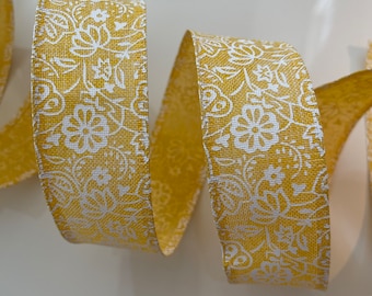 1.5” Yellow & White Whimsical Flowers Wired Ribbon #927 - Sold By The Yard
