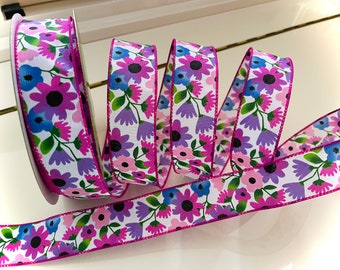 1.5” Pink, Purple, & Blue Flower Wired Ribbon #4887 - Sold By The Yard