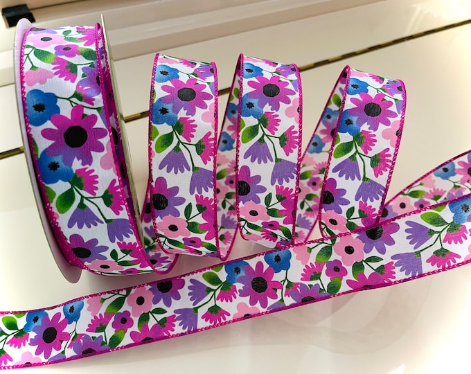 1.5” Pink, Purple, & Blue Flower Wired Ribbon #4887 - Sold By The Yard