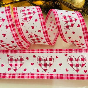 2.5” Pink Wired Ribbon With Gingham Hearts And Plaid Edge #26