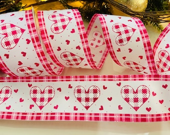 10 Yard Roll - 2.5” Pink Wired Ribbon With Gingham Hearts And Plaid Edge #26