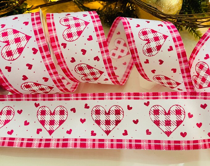 10 Yard Roll - 2.5” Pink Wired Ribbon With Gingham Hearts And Plaid Edge #26