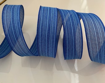 1.5” Denim Blue Wired Ribbon with Subtle Light Blue Stripes - Sold By The Yard