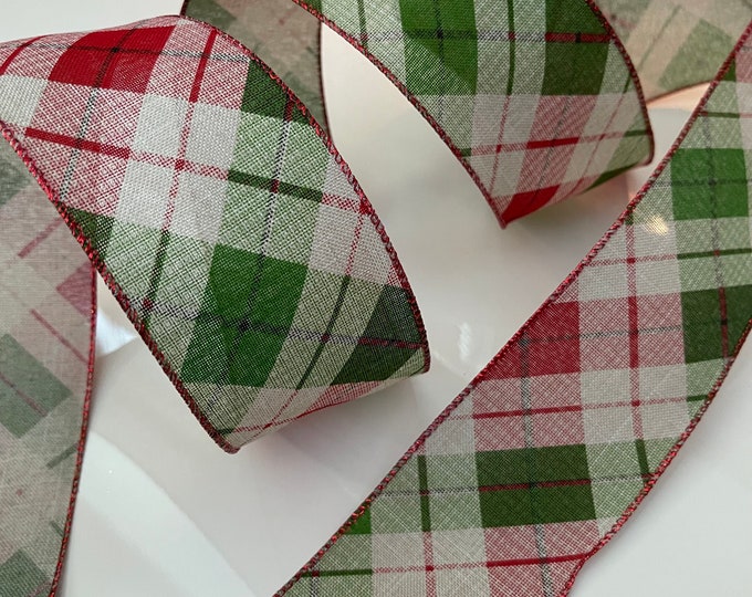 2.5” Diagonal Stripes Wired Ribbon: Red, Green, Beige #708 - Sold By The Yard