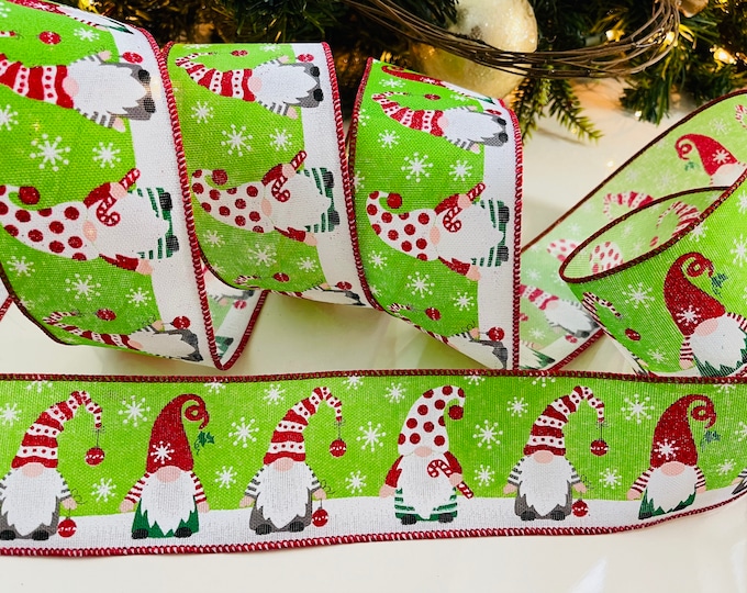 2.5” Christmas Gnomes Green Wired Ribbon - Sold By The Yard