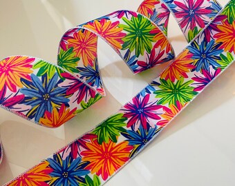 2.5” Colorful Flower Wired Ribbon: Pink, Orange, Green, Blue - Sold By The Yard #348