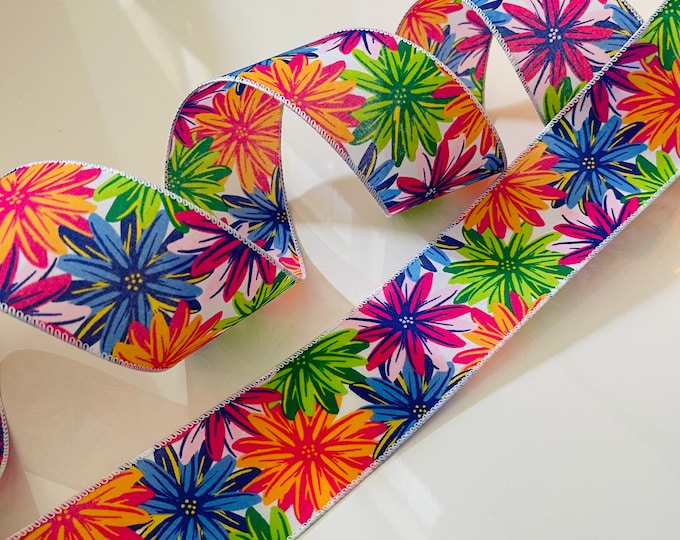 2.5” Colorful Flower Wired Ribbon: Pink, Orange, Green, Blue - Sold By The Yard #348