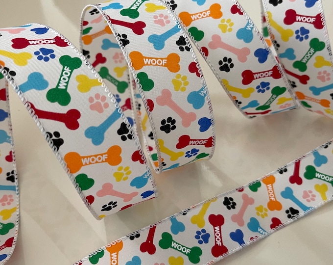 1.5” Colorful Dog Bone & Paw Print Wired Ribbon