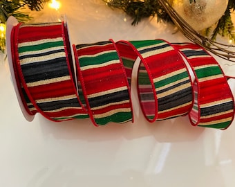 1.5” Red, Green, & Gold Striped Wired Ribbon - 10 Yard Roll
