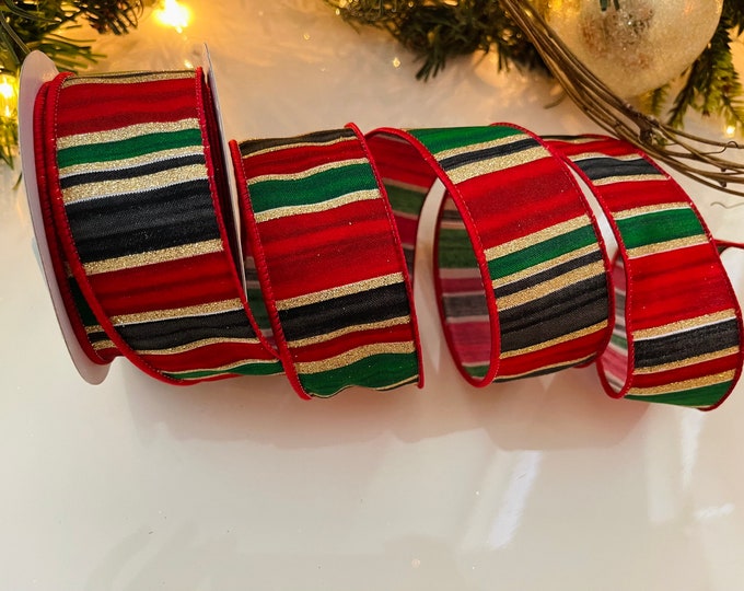 1.5” Red, Green, & Gold Striped Wired Ribbon #424 - 10 Yard Roll