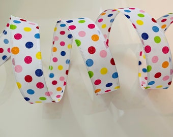 1.5” Colorful Glittery Polka Dots Wired Ribbon: Red, Pink, Yellow, Green, Orange, Blue - Sold By The Yard
