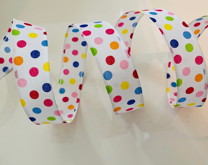 1.5” Colorful Glittery Polka Dots Wired Ribbon: Red, Pink, Yellow, Green, Orange, Blue - Sold By The Yard