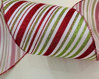 5” Red, Green, & White Glitter Stripes Wired Ribbon