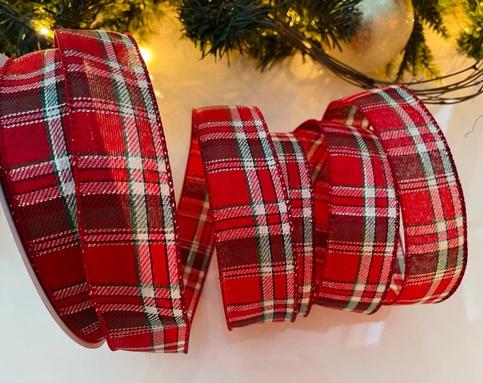 1.5” Christmas Plaid Wired Ribbon: Red & Green - Sold By The Yard