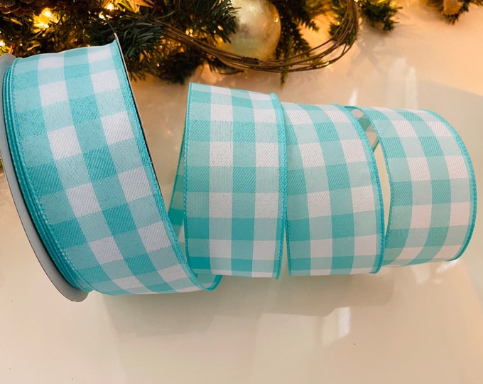 2.5" Plaid Wired Ribbon: Aqua & White #81 - Sold By The Yard