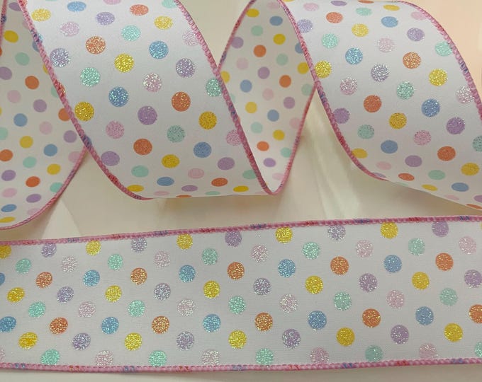 2.5” Glittery Polka Dots Wired Ribbon with Pink Edge