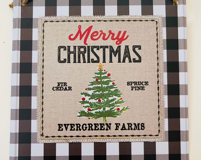 5” Square Tin Christmas Tree Black & White Plaid Wreath Sign - Perfect for Adding the Finishing Touch to your Wreath