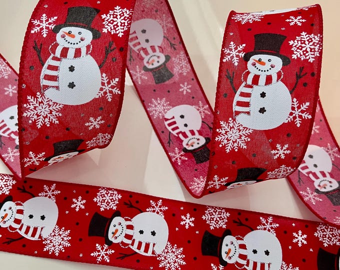 2.5” Happy Snowman & Snowflakes Red Wired Ribbon