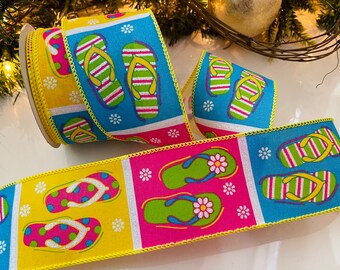 10 Yards Colorful Flip Flop Flops Wired Ribbon 2 1/2"W 10 Yards Colorful Flip Flop Flops Wired Ribbon 2 1/2"W