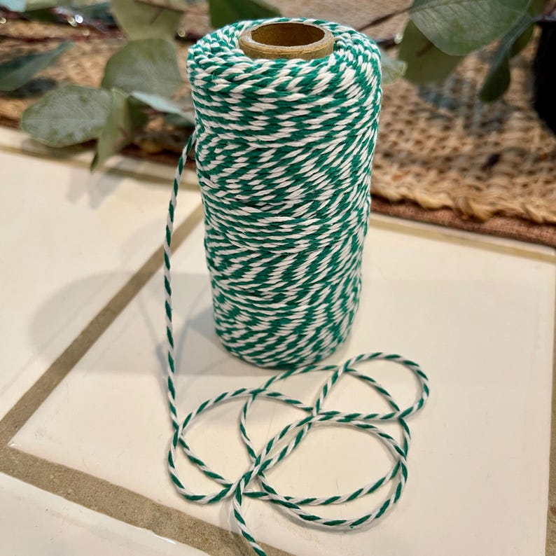 May include: A spool of green and white twine. The twine is tightly wound around a cardboard core. A length of the twine extends from the spool and is looped on the surface. The twine has a twisted pattern of green and white.