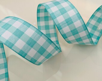 1.5” Aqua & White Plaid Wired Ribbon - Sold By The Yard
