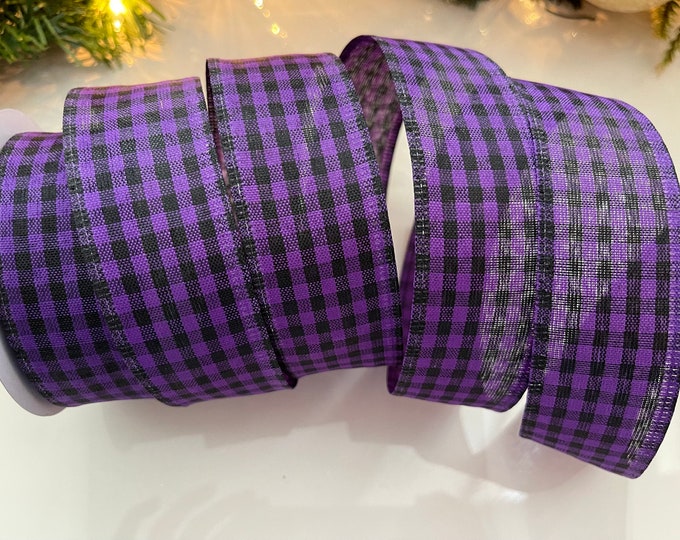 1.5" Purple & Black Gingham Wired Ribbon #112 - 10 Yard Roll