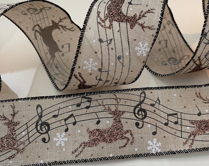 2.5” Christmas Reindeer & Music Notes Wired Ribbon: Beige, Black, White, Brown Glitter - Sold By The Yard