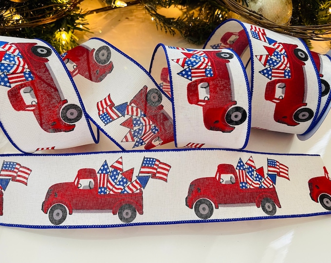 2.5" Trucks & Flags Cream Wired Ribbon: Red, White, and Blue #29 - 10 Yard Roll