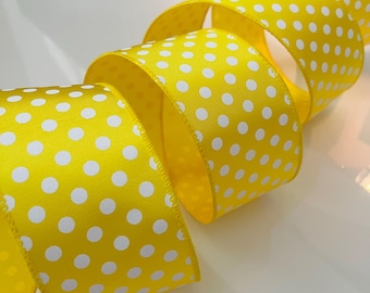 2.5” Yellow & White Polka Dot Wired Ribbon