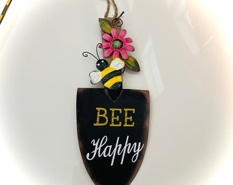 13.5” Bee Happy Metal Shovel Wreath Sign: Black, Yellow, Pink, & White