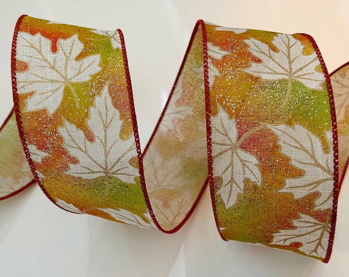 2.5” Fall Sparkle Leaves Wired Ribbon: Green, Orange, Beige, Gold #720 - Sold By The Yard