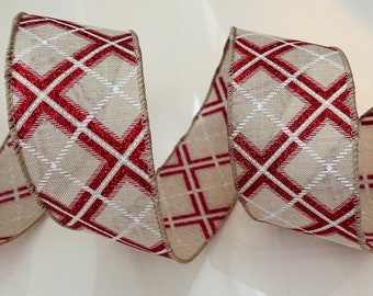 2.5” Glitter Red & Beige Crisscross Stripe Wired Ribbon - Sold By The Yard