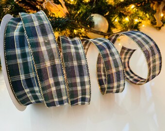 1.5” Plaid Wired Ribbon: Blue, Green & Gold #4011 - Sold By The Yard