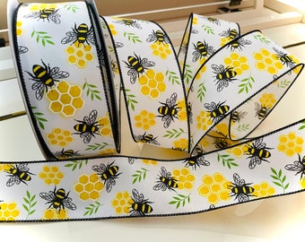 Bumble Bees & Honeycomb Wired Ribbon: Choose 1.5” or 2.5” Width